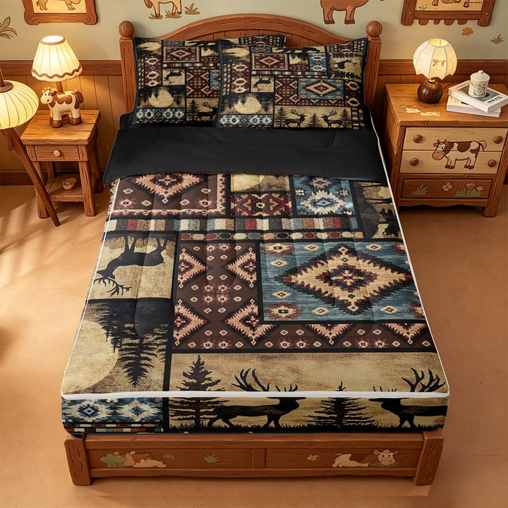 meiyoeat Southwestern Bear Deer Zipper Full Size Comforter Sets with Fitted Sheet and 2 Pillowcases,Bohemian Exotic Style Aztec Geometric Zipper Bedding Set For Boys Kids,Black Reversible,4-Piece