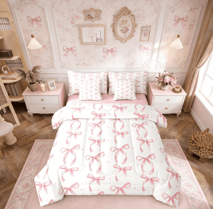 Erosebridal Pink Bowknot Bedding Sets Full Size, Cute Princess Comforter Sets with Sheets, Bow Tie Decor, Reversible 7 Pieces