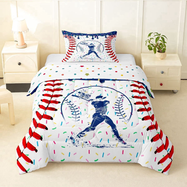 Erosebridal Navy Blue Dripping Baseball Stitch &amp; Batter Silhouette Graphic Twin Comforter Sets 3-Piece, Sport Graphic Bedding Set for Boys And Girls Kids,Super Cozy Room Decor