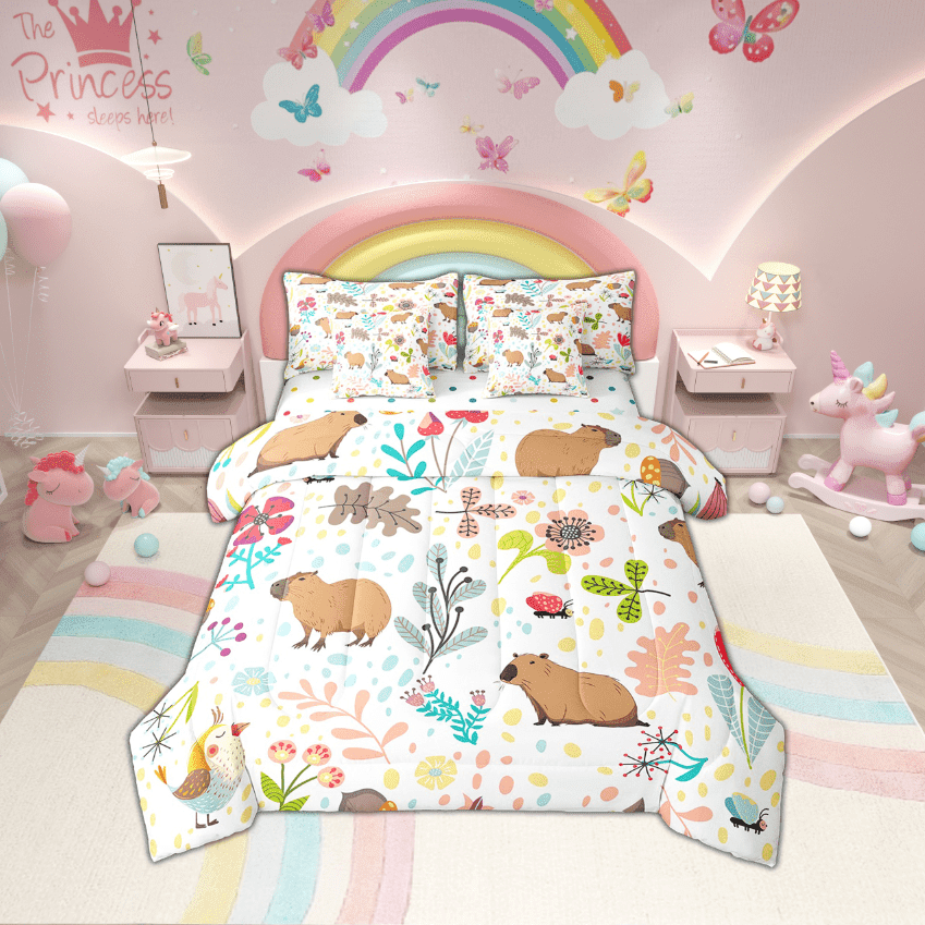 Erosebridal Cartoon Capybara Comforter Set 7 Piece Brown Capybara Twin Bed In A Bag With Sheets Cute Leaves Floral Animal Bedding Set Woodland Botanical Butterfly Bird Bed Set