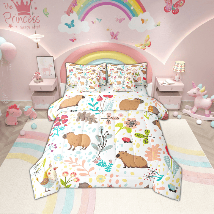 Erosebridal Cartoon Capybara Comforter Set 7 Piece Brown Capybara Twin Bed In A Bag With Sheets Cute Leaves Floral Animal Bedding Set Woodland Botanical Butterfly Bird Bed Set