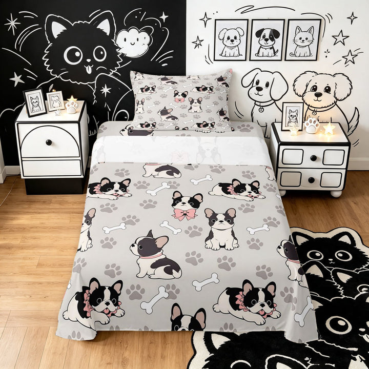 Manfei Cartoon French Bulldog Twin Sheets, Cute Dog Paw Bedding, Light Gray, 3 Pieces, 1 Flat Sheet, 1 Fitted Sheet and 1 Pillowcase