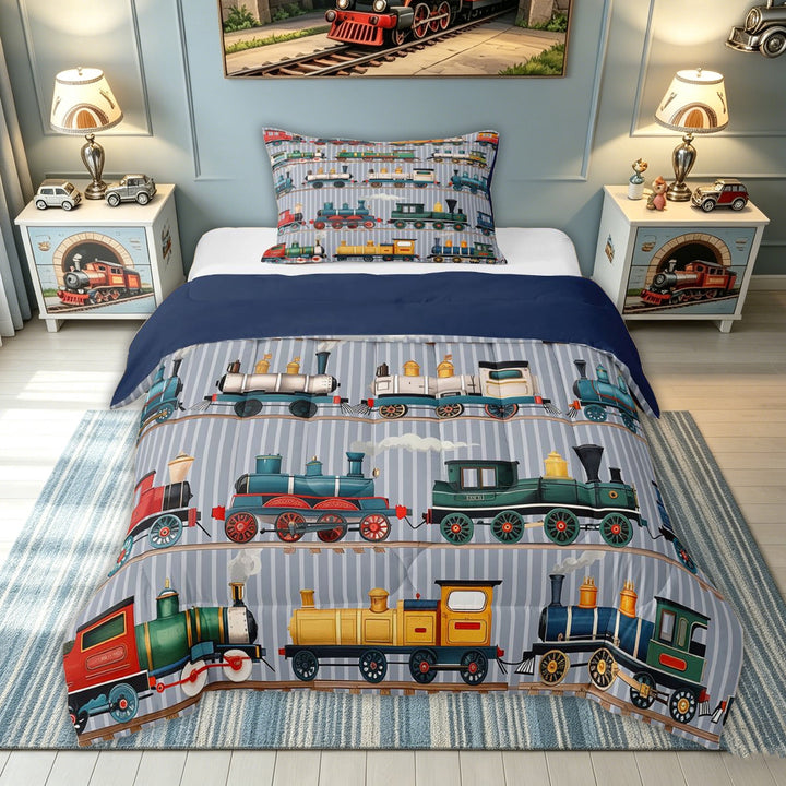 meiyoeat Vintage Steam Train Full Size Comforter Sets for Kids Boys, Retro Locomotive Car Bedding Comforter Set, Multicolor Gray, Blue Reversible, 3-Piece