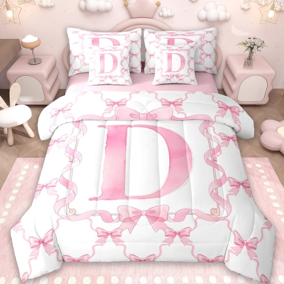 Erosebridal Girls Bowknot Personalized 7-Piece Twin Bedding Sets,Pink Alphabet D Print Bedding Comforter Set For Kids,Reversible pink
