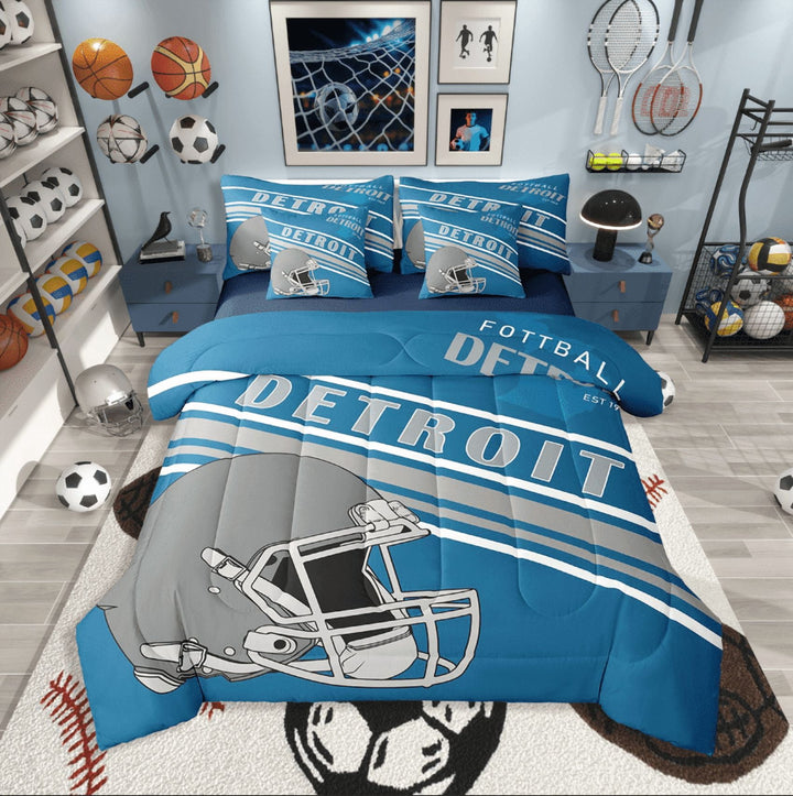 Erosebridal American Football Bedding Sets Twin Size,Sport Theme Comforter Sets with Sheets,Ball Game Decor(Detroit),Reversible,Breathable,7pcs