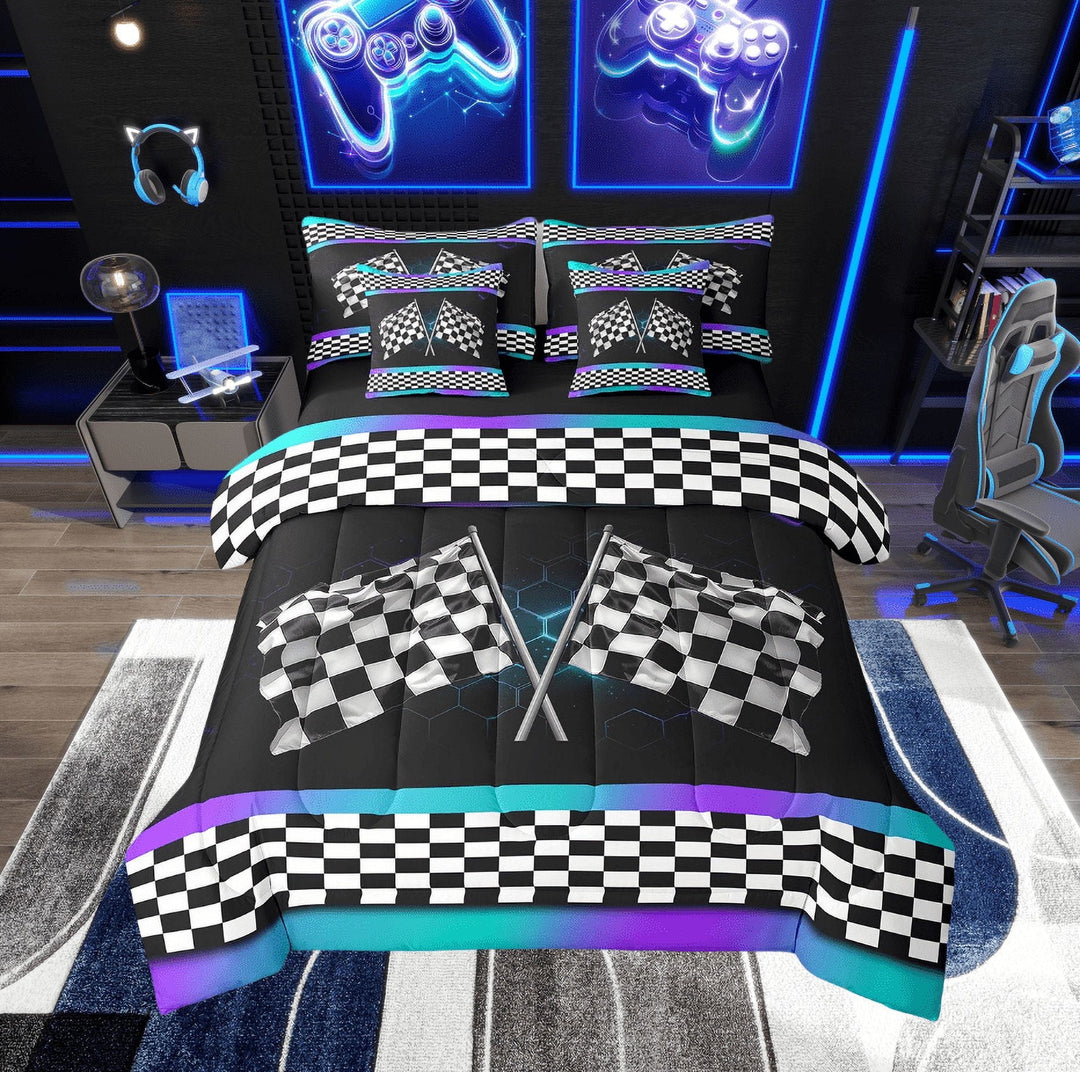 Erosebridal Race Checkered Bed in a Bag Twin size, Sports Bed Set, Neon Honeycomb Decor, Reversible 7 Pieces