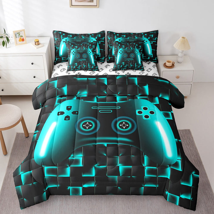 Gaming Twin Bedding Set Gamer Comforter Set For Teen Game Controller Room Decor,Neon Teal Geometric Grid Bedding Black Abstract Check Square Bed In A Bag 7 Piece