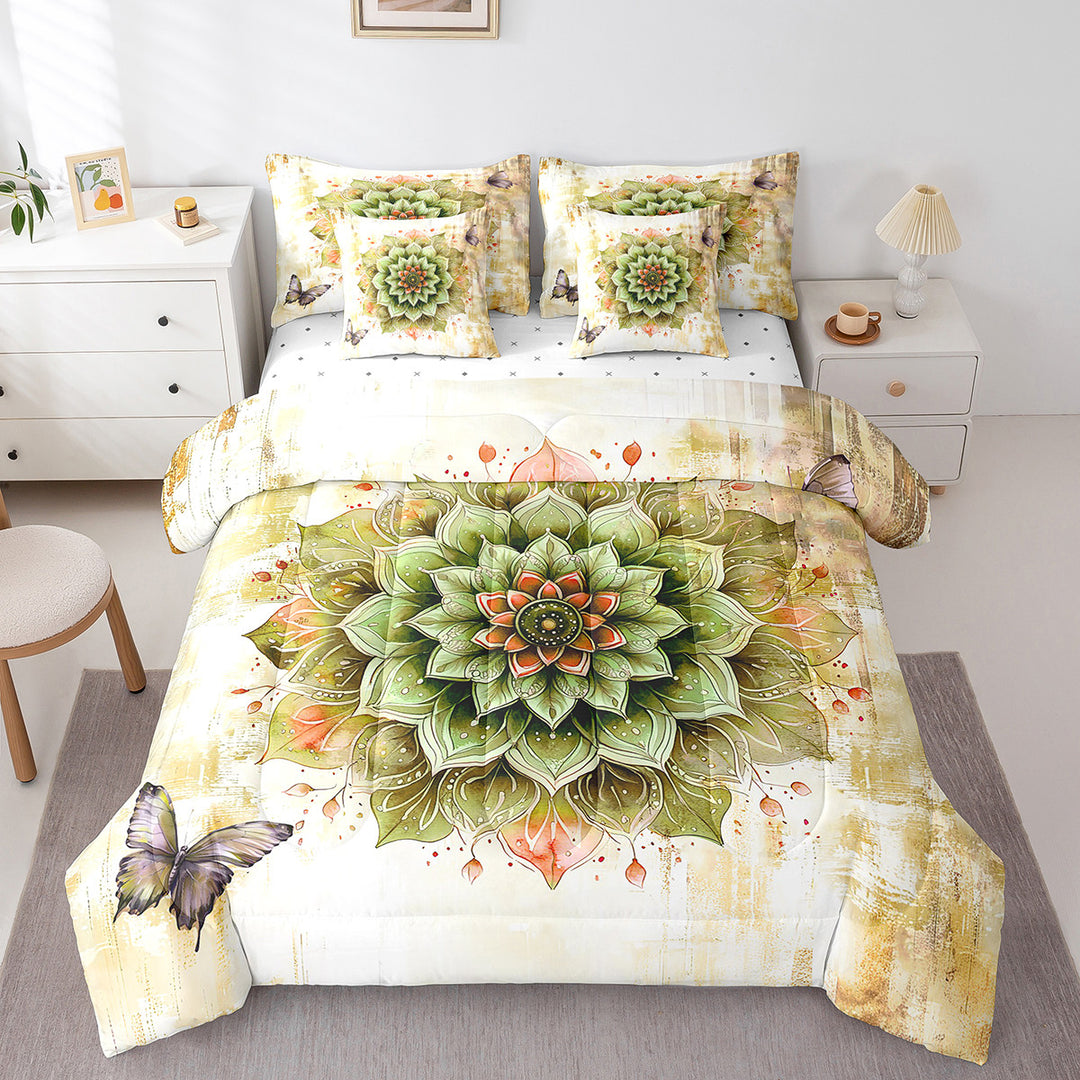 Watercolor Mandala Bedding Comforter Sets 7pcs Chic Flower Floral Bed in a Bag Women,Watercolor Oil Painting Twin Bedding Sets Ombre Gradient Comforter Set,Mid Century Bedding Sets