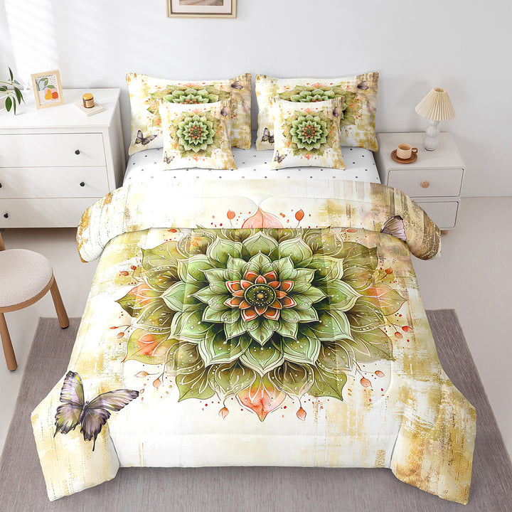Watercolor Mandala Bedding Comforter Sets 7pcs Chic Flower Floral Bed in a Bag Women,Watercolor Oil Painting Twin Bedding Sets Ombre Gradient Comforter Set,Mid Century Bedding Sets