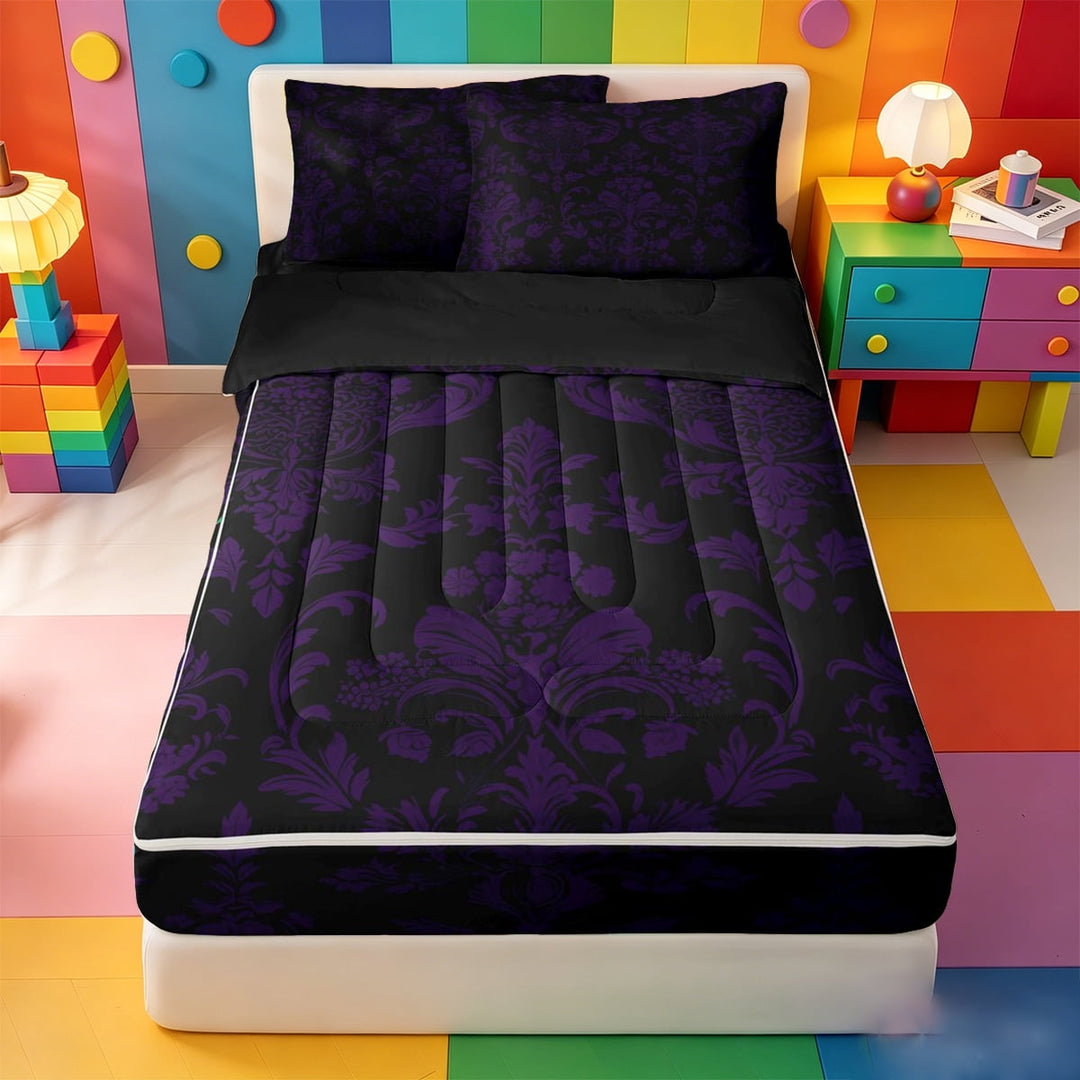 meiyoeat Vintage Damask Floral Zipper Twin Comforter Sets with Fitted Sheet and 2 Pillowcases,Vintage Gothic Zipper Bedding Set, Purple Black,Black Reversible,4 Pieces
