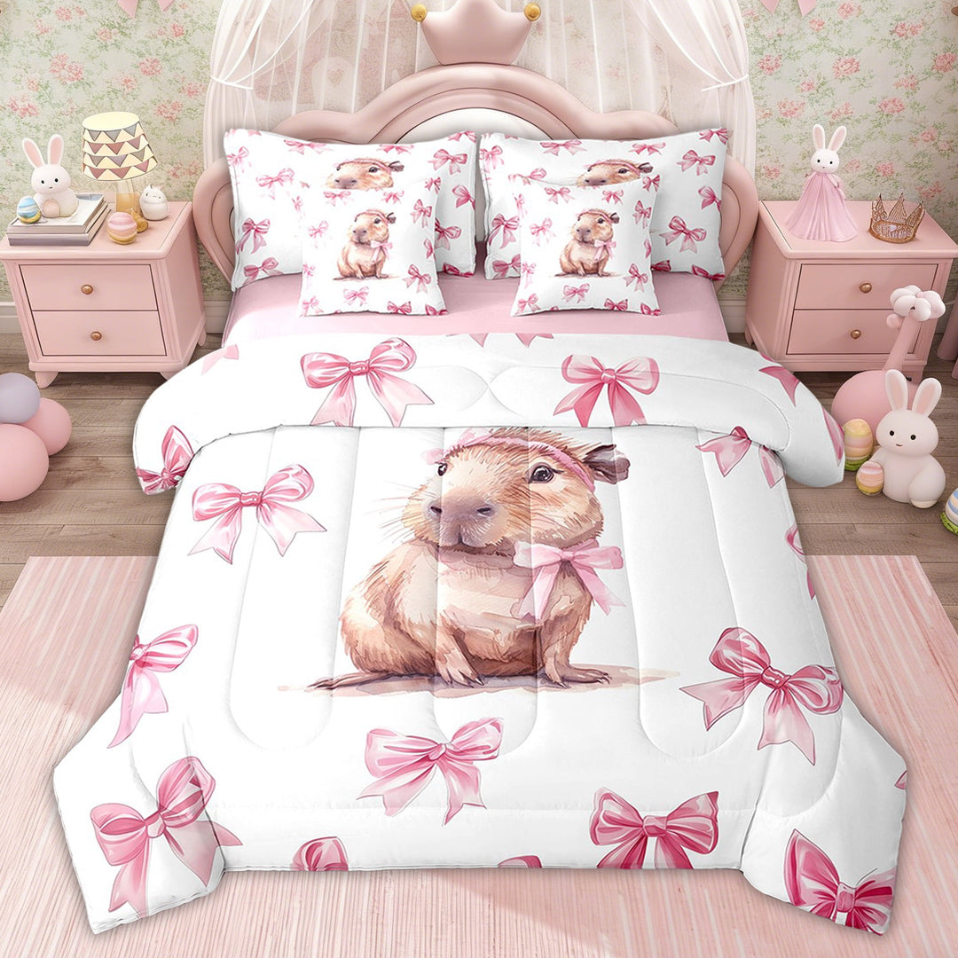 Erosebridal Cute Capybara Comforter Sets Twin Size, Pink Bedding Comforter Set, Cartoon Animal Room Decor, Pink Reversible 7-Piece