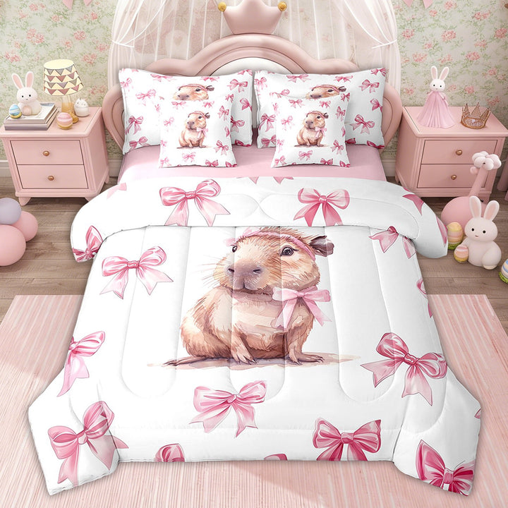 Erosebridal Cute Capybara Comforter Sets Twin Size, Pink Bedding Comforter Set, Cartoon Animal Room Decor, Pink Reversible 7-Piece