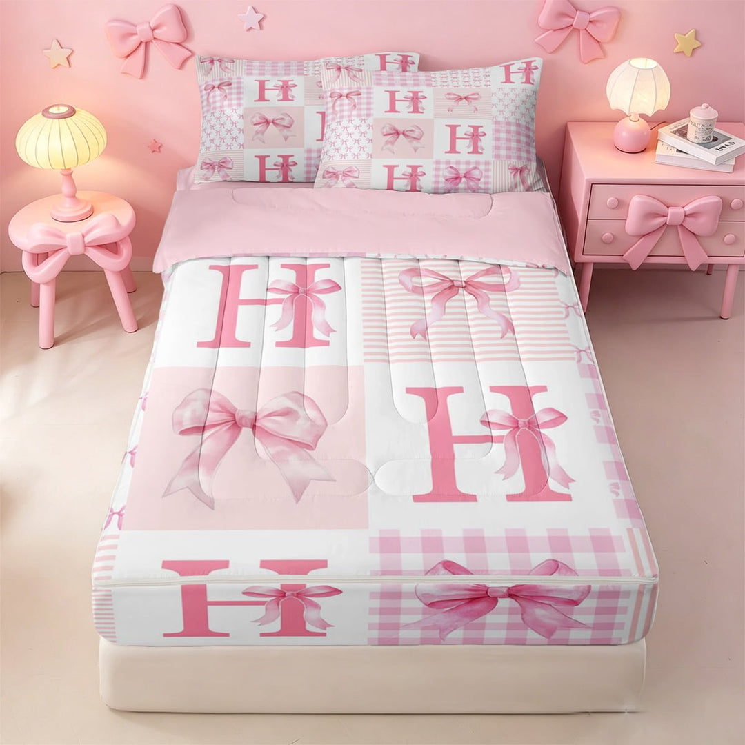 meiyoeat Modern Geometric Plaid Zipper Full Size Comforter Sets with Fitted Sheet and 2 Pillowcases For Kids,Pink Coquette Bow Initial Letter H Zipper Bedding Set,Pink Reversible,4 Pieces