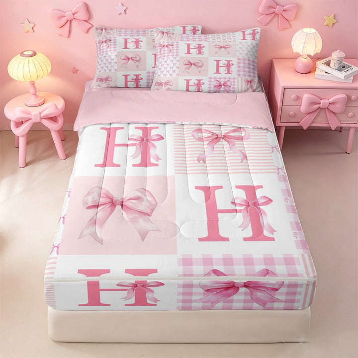 meiyoeat Modern Geometric Plaid Zipper Full Size Comforter Sets with Fitted Sheet and 2 Pillowcases For Kids,Pink Coquette Bow Initial Letter H Zipper Bedding Set,Pink Reversible,4 Pieces