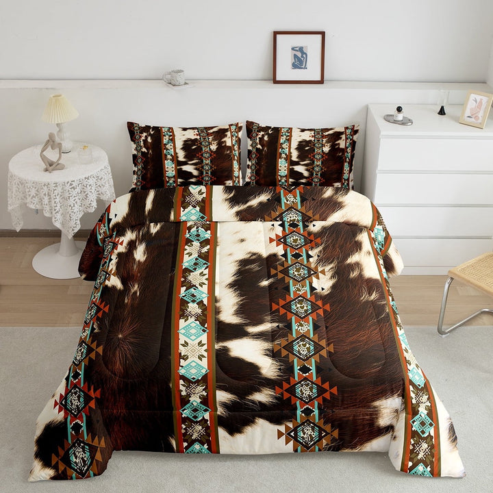 Cowhide Bedding Set Western Comforter Set Full,Brown Highland Cow Print Quilt Exotic Aztec Farmhouse Wild Animals Duvet Insert,Longhorn Skin Room Decor Cowboys Gifts for Men