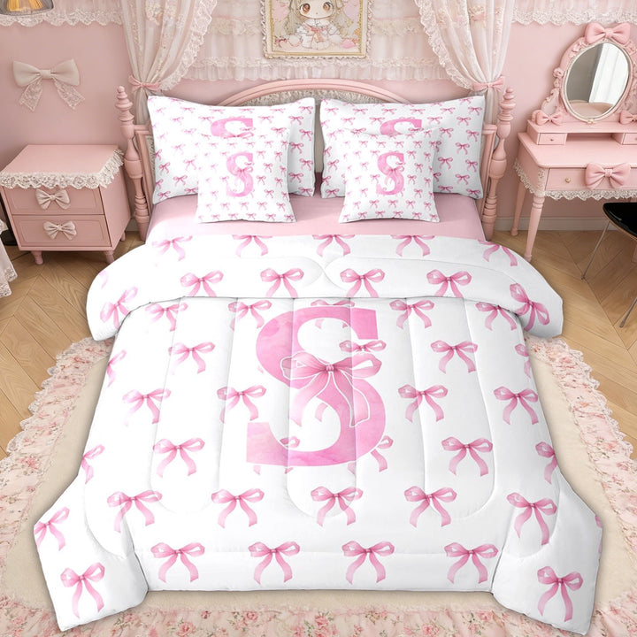 Erosebridal Bow Letter S Twin Bedding Sets for Girls, Pink Watercolor Ribbon Bedding Comforter Set, Pink Reversible, 7 Pieces