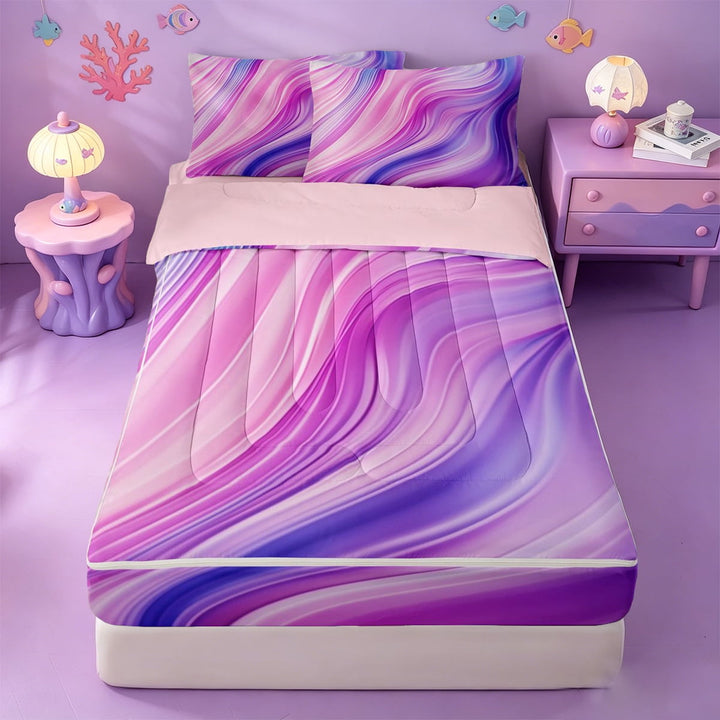 meiyoeat Pink Purple Gradient Stripes Zipper Twin Comforter Sets with Fitted Sheet and 2 Pillowcases,Girly Abstract Print Zipper Bedding Set For Girl,Reversible,4-Piece
