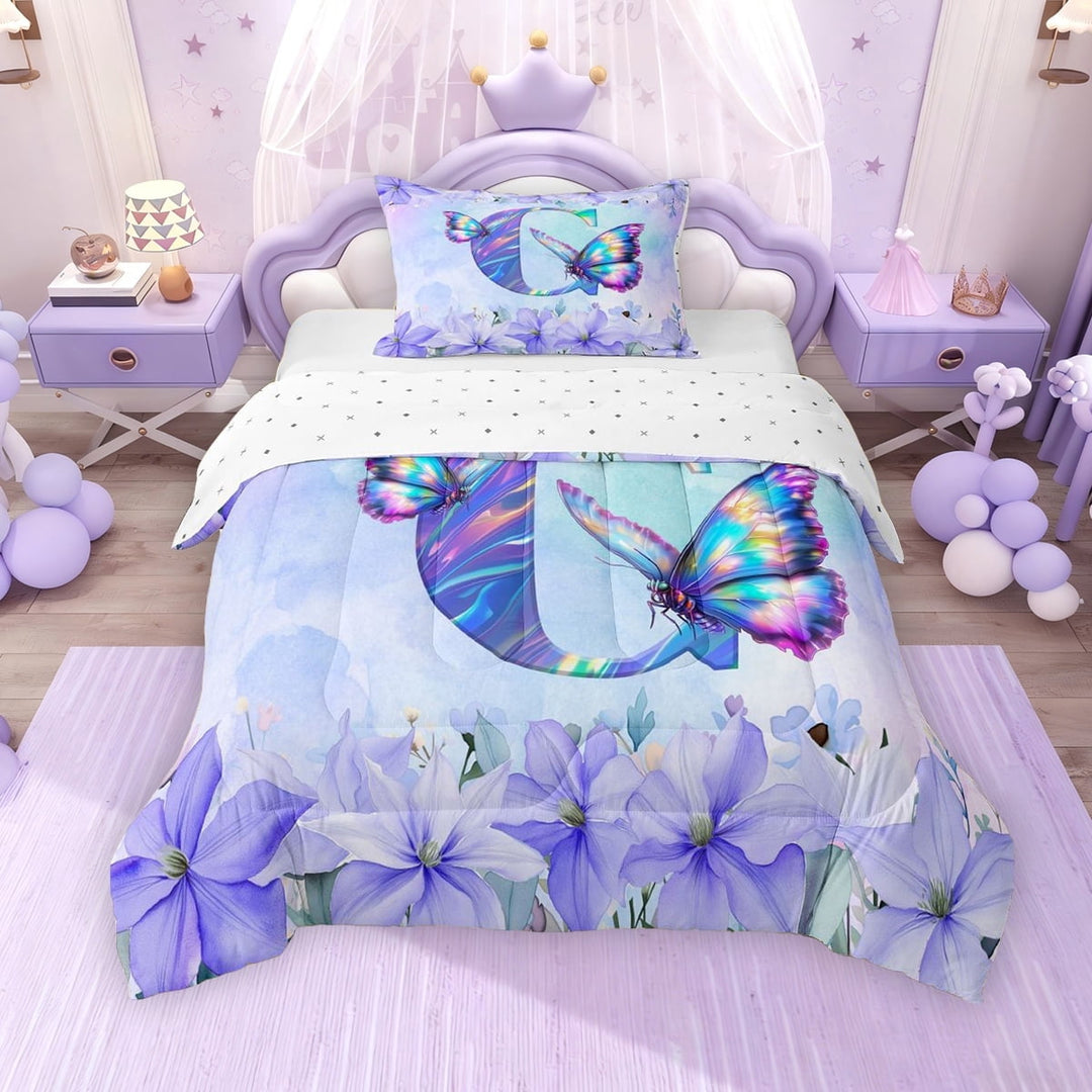 Erosebridal Purple Butterfly Twin Comforter Sets for Girls, Garden Flower Floral Bedding Set, Letter C, Reversible, 1 Comforter and 1 Pillowcase