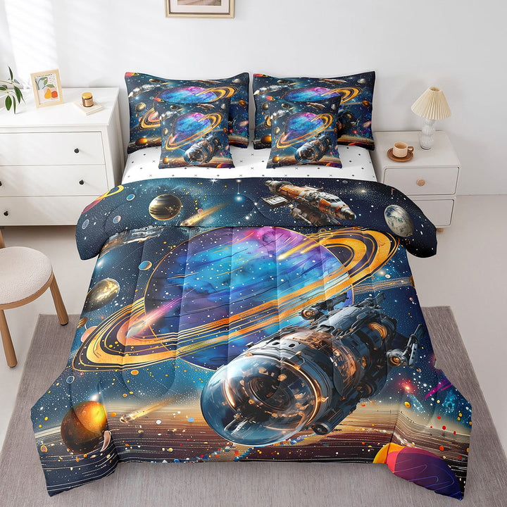 Universe Galaxy Twin Comforter Set 7-Piece Trippy Outer Space Bedding Sets,Colorful Planets Bed In A Bag Sparkling Stars Sheet Set With Comforter Planet Home Decor