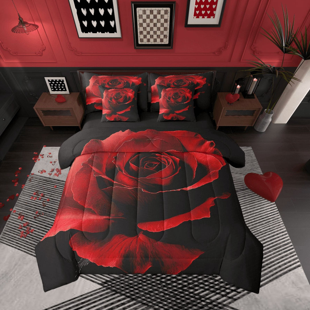 7 Pcs 3D Rose Floral Bed in a Bag Twin Comforter Set,Romantic Valentine&