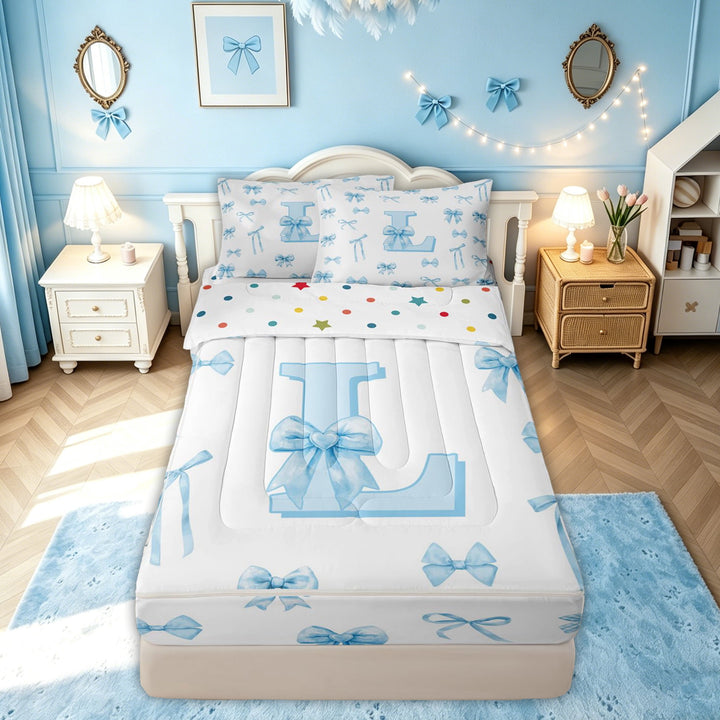 meiyoeat Cute Bow Letter L Zipper Comforter Set with Fitted Sheet and 2 Pillowcases for Kids, Watercolor Ribbon Zipper Bedding Set for Kids, Blue, Polkadot Reversible, 3 Pieces
