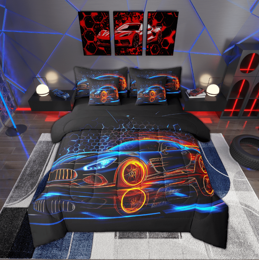 Erosebridal Blue Race Car Comforter Set With Sheets Twin Neon Geometric Honeycomb 7 Piece Bed In A Bag Teen Men,Sports Car Bedding Set Cool Extreme Racing Bedding Comforter Sets