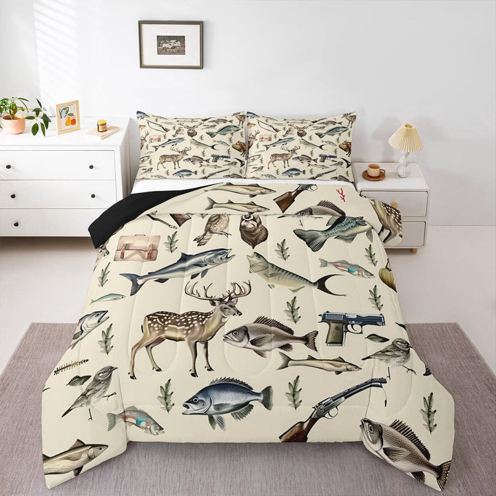 Erosebridal Reindeer Elk Comforter Sets Full Size, Hunting Fish Comforters &amp; Duvets, Rustic Animal Decor, Reversible 3pcs
