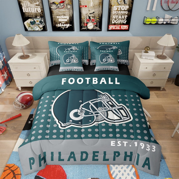 7 Piece Football Bed in a Bags Twin American Football City Bedding Sets Football Team Sports Game Comforter Set with Sheets Football Lover Bed Set Sports Themed Sheets(Miami)