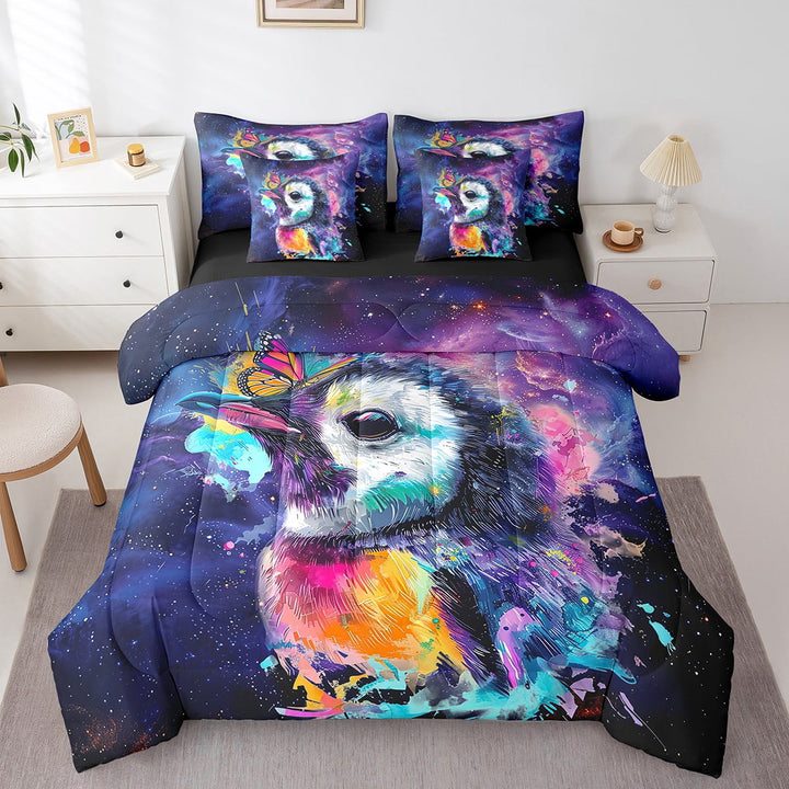 7pcs Cute Penguin Bedding Twin Purple Galaxy Comforter Set, Blue Butterfly Bedding Comforter Sets Kawaii Antarctic Animal Bed in a Bag, Univers Glitter Stars Bedding Accessories