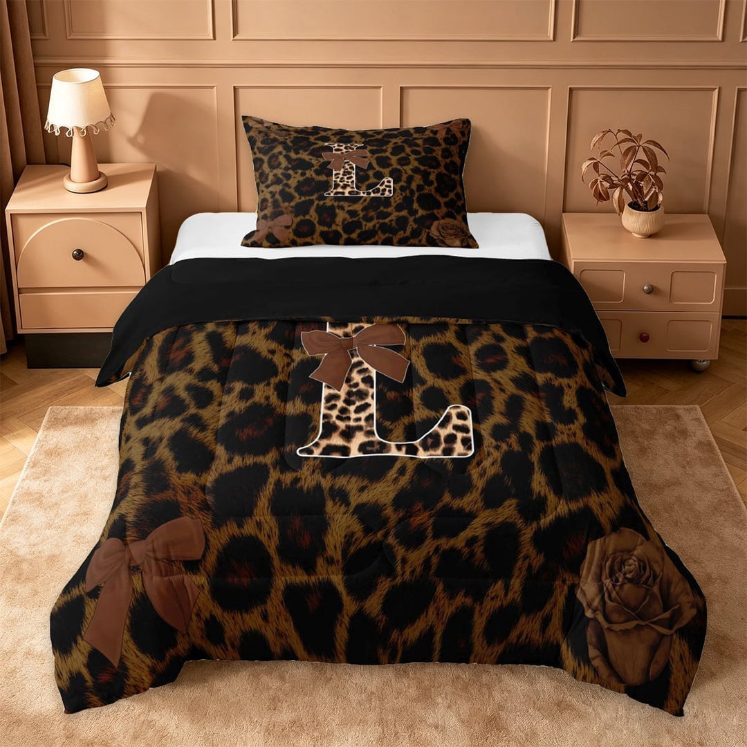 Erosebridal Fashion Leopard Print Twin Comforter Sets For Women,Brown Bowknot Letter L Monogrammed Bedding Set For Girls Kids,Black Reversible,2pcs