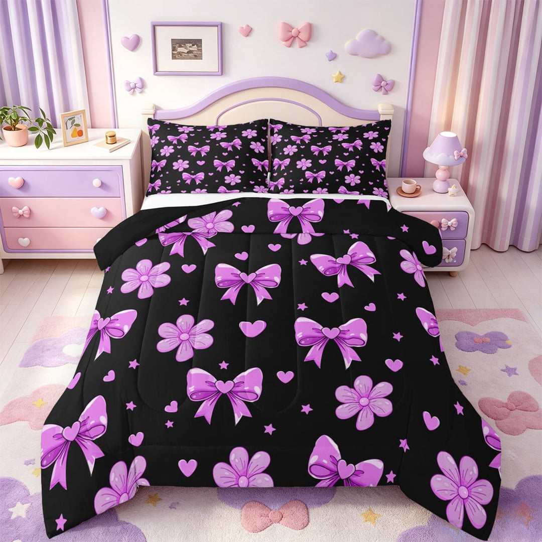 Manfei Pink Coquette Bow Queen Comforter Set,Kawaii Bowtie Floral Comforter Sets Queen,Black Reversible,3-Piece,1 Comforter and 2 Pillowcases