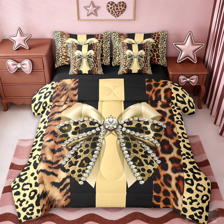 Erosebridal Women Cheetah Printed 7-Piece Twin Bedding Sets,Brown Leopard Pattern Bowknot Bedding Comforter Set For Adults,Reversible black