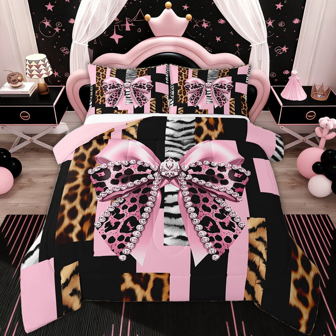 Erosebridal Pink Leopard Ribbon Full Size Comforter Sets for Kids, Modern Cheetah Print Bedding Sets, 3pcs