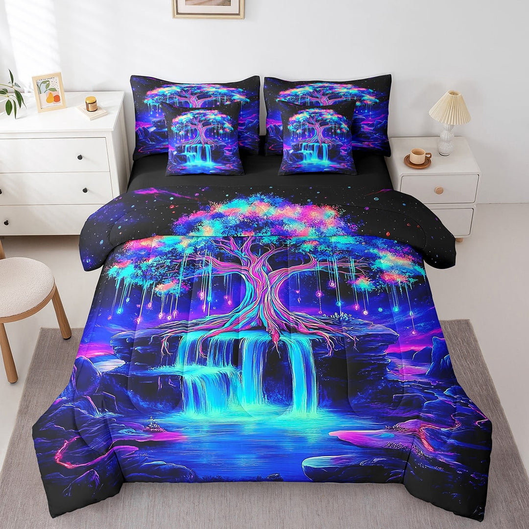 Erosebridal Hippie Tree of Life Bedding King Size, Gradient Waterfall Duvet Set, Nature Theme Room Decor, Breathable 7-Piece