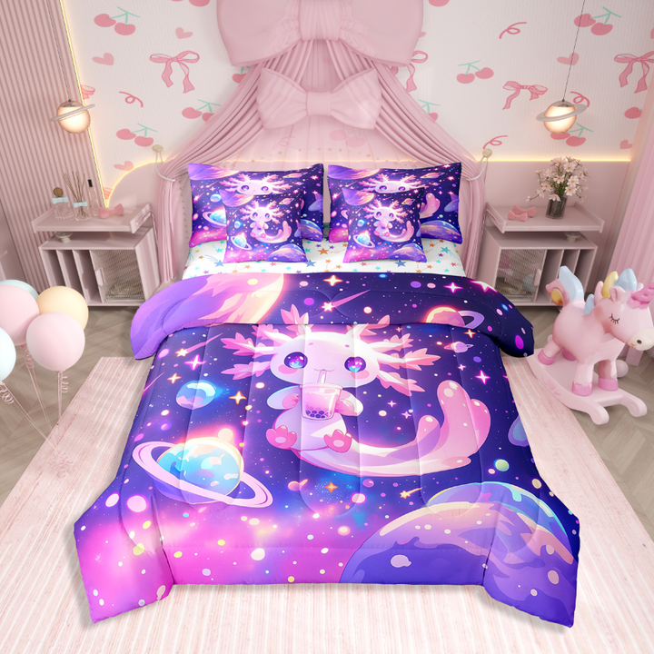 Erosebridal Galaxy Starry Sky Bedding Sets Twin Size,Kawaii Axolotl Comforter Sets With Sheets,Planet Decor,Reversible,Breathable,7Pcs