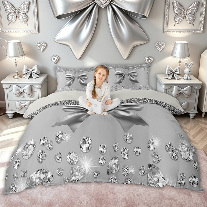 Meiyoeat Fashion Glitter Bow Gemstones Duvet Cover Set for Women Girls, Silver Sequin Print Bedding Full, Grey Reversible, 1 Duvet Cover and 2 Pillowcases (No Comforter)