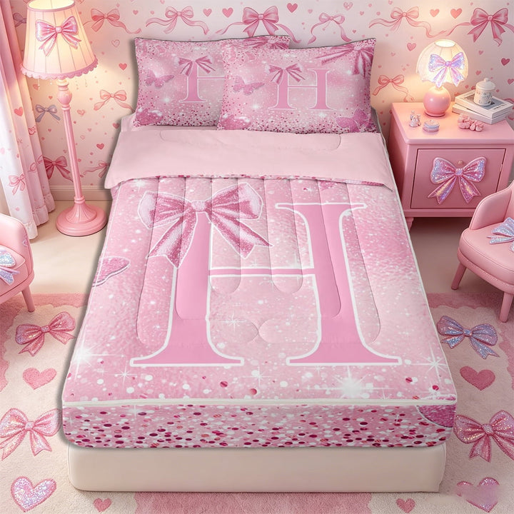 Meiyoeat Bow Letter H Zipper Twin Comforter Sets with Fitted Sheet and 2 Pillowcases for Teens, Sparkle Glitter Butterfly Print Zipper Bedding Set,4-Piece,Pink Reversible