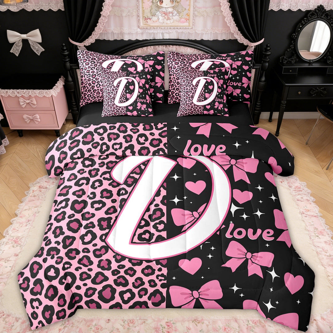Erosebridal Leopard Print Bow Letter D Bedding Comforter Set for Girls, Pink Initial Ribbon Full Bedding Set, Black Reversible, 7pcs