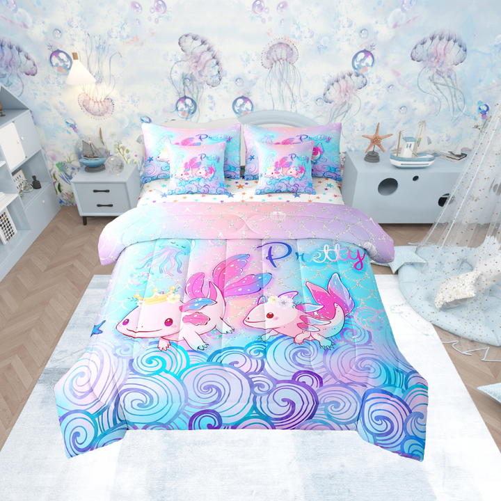 Erosebridal Cute Axolotl Comforter Set Twin 7 Piece Pink Teal Ombre Rainbow Fish Scale Bed in a Bag,Sea Animal Decor Ocean Waves Bedding Set with 2 Sheets,2 Pillowcases,2 Throw Pillow Covers