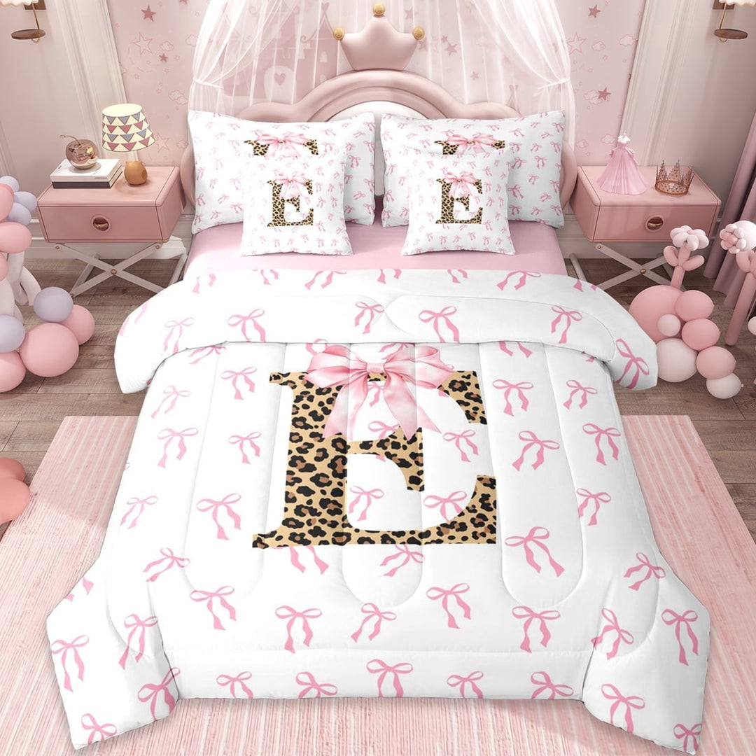 Erosebridal Girls Letter E Bow 7-Piece Twin Bedding Sets,Cute Bows Chic Cheetah Print Bedding Comforter Set For Girls Teens,Reversible
