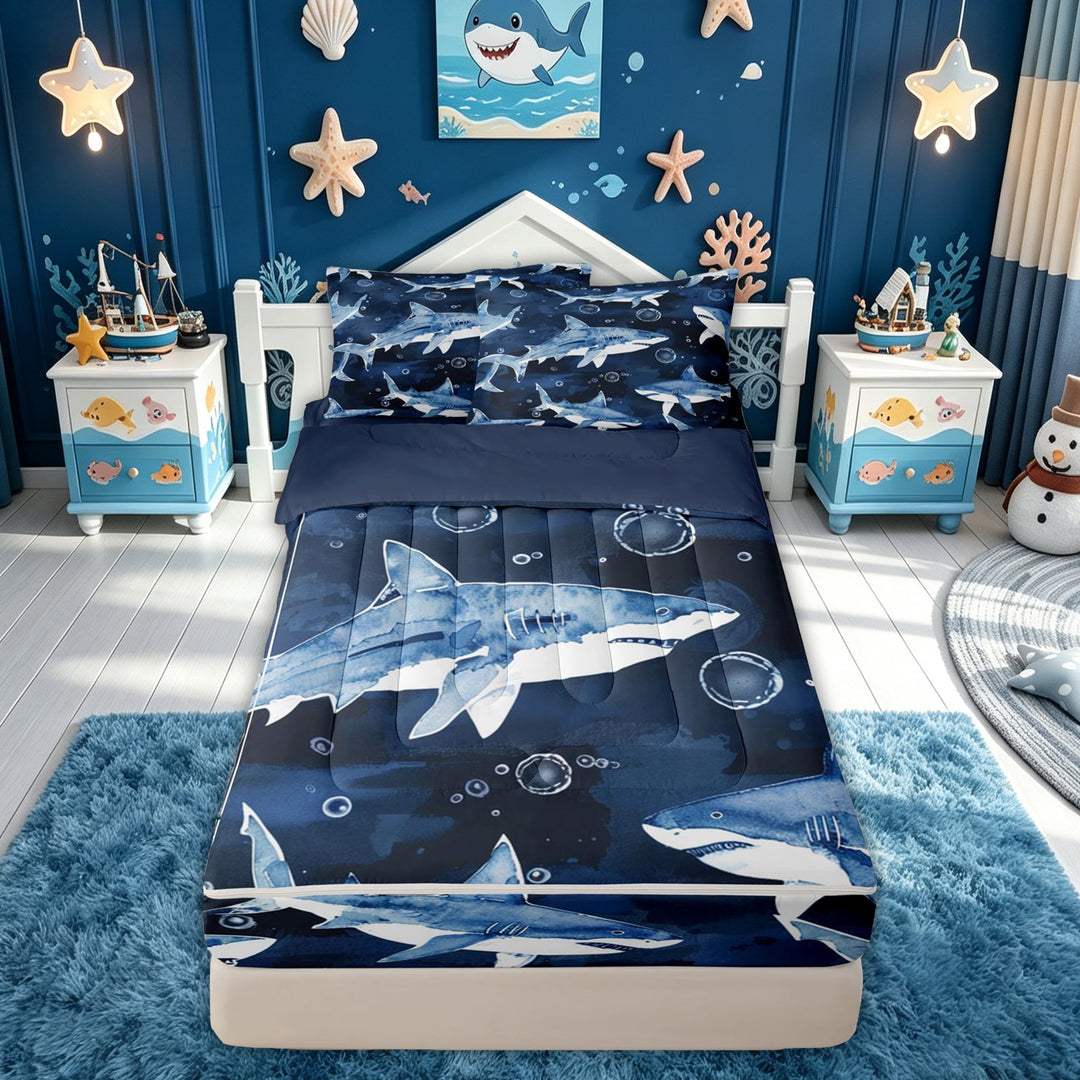 meiyoeat Blue Watercolor Shark Bubble Zipper Comforter Set with Fitted Sheet and 2 Pillowcases for Boys Kids, Cartoon Ocean Wildlife Zipper Bedding Set, Blue Reversible, 3 Pieces