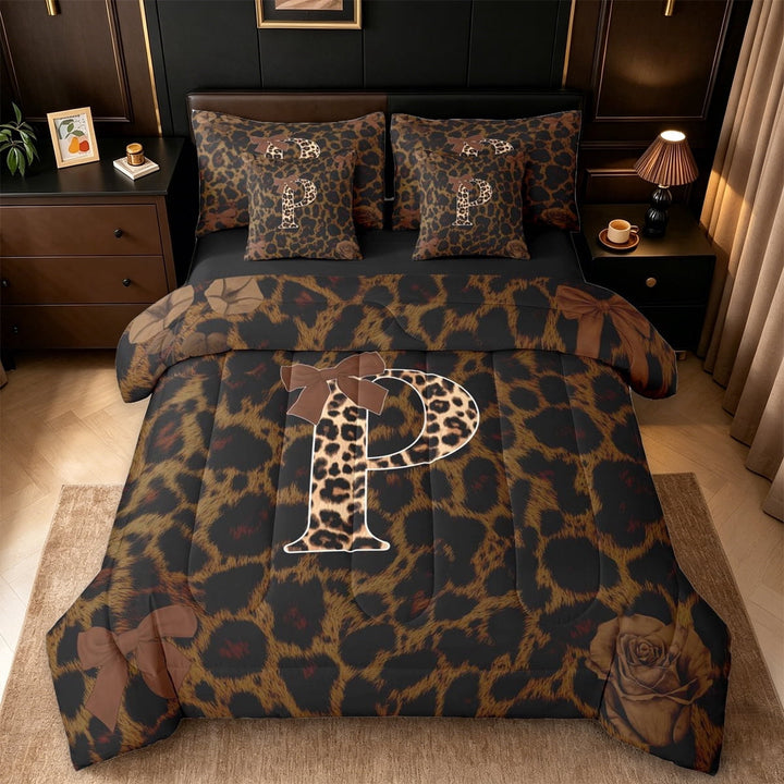 Erosebridal Women Cheetah Printed 7-Piece Twin Bedding Sets,Watercolor Aesthetic Letter P Initial Print Bedding Comforter Set For Adults,Black Reversible