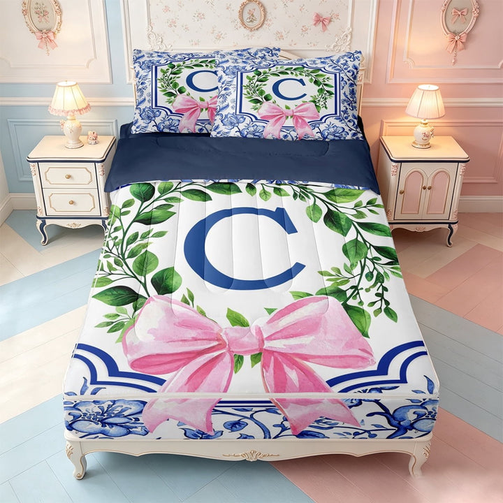meiyoeat Bowtie Alphabet Print Zipper Full Size Comforter Sets with Fitted Sheet and 2 Pillowcases,Classic Floral Letter C Design Zipper Bedding Set For Girls,Navy Blue Reversible,4-Piece