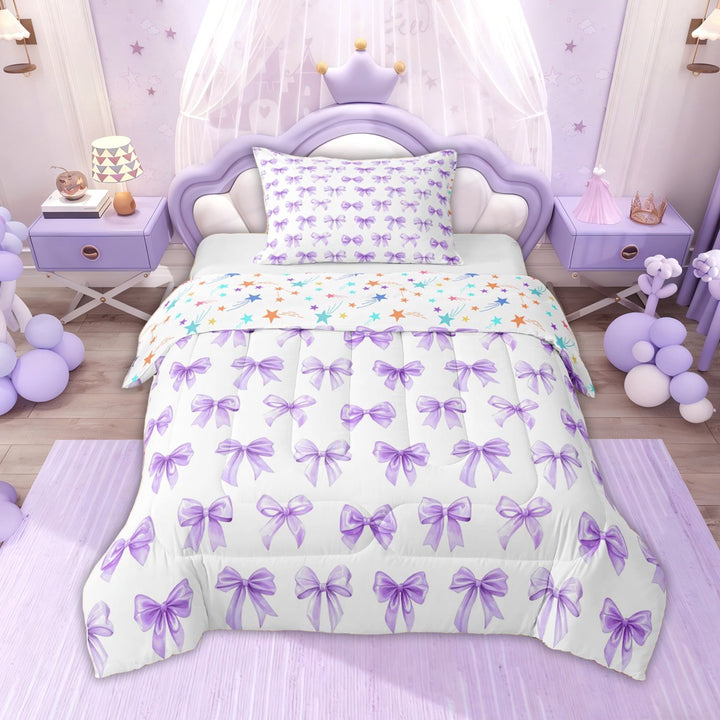Erosebridal Cute Ribbon Kids Twin Comforter Sets, Fashion Bowknot Bedding Set, Purple, 2-Piece