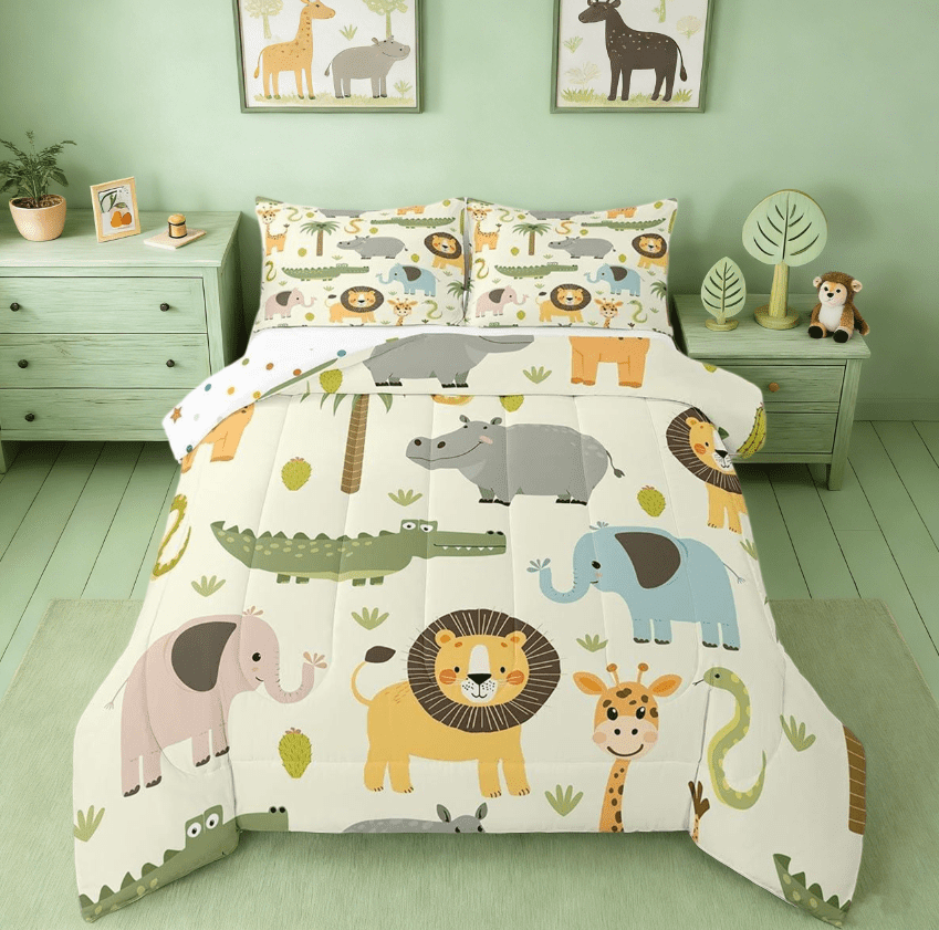 Manfei Nature Wildlife Zoo Animal Theme Full Size Comforter Sets, Cartoon Lion Giraffe Crocodile Bedding Sets Reversible 3pcs