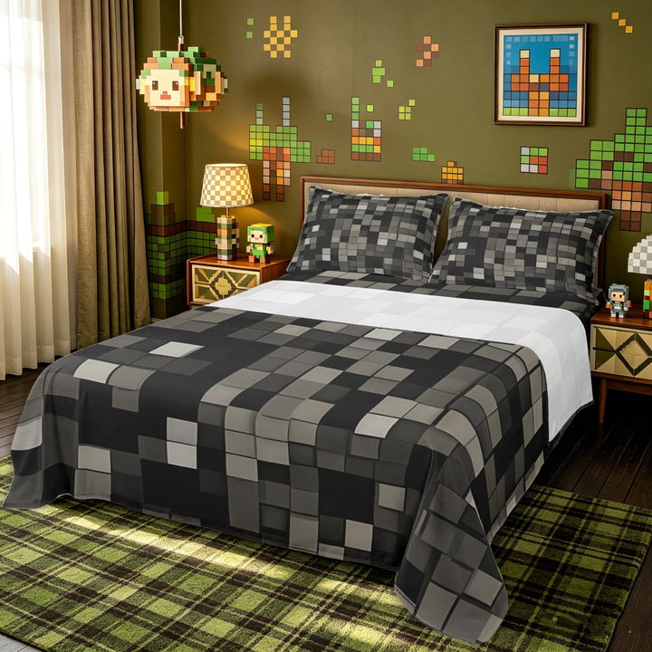 meiyoeat Geometric Block Bed Sheets for Kids Girls, Retro Pixel Grid Full Size Sheets for Dorm, Black Gray, 4-Piece