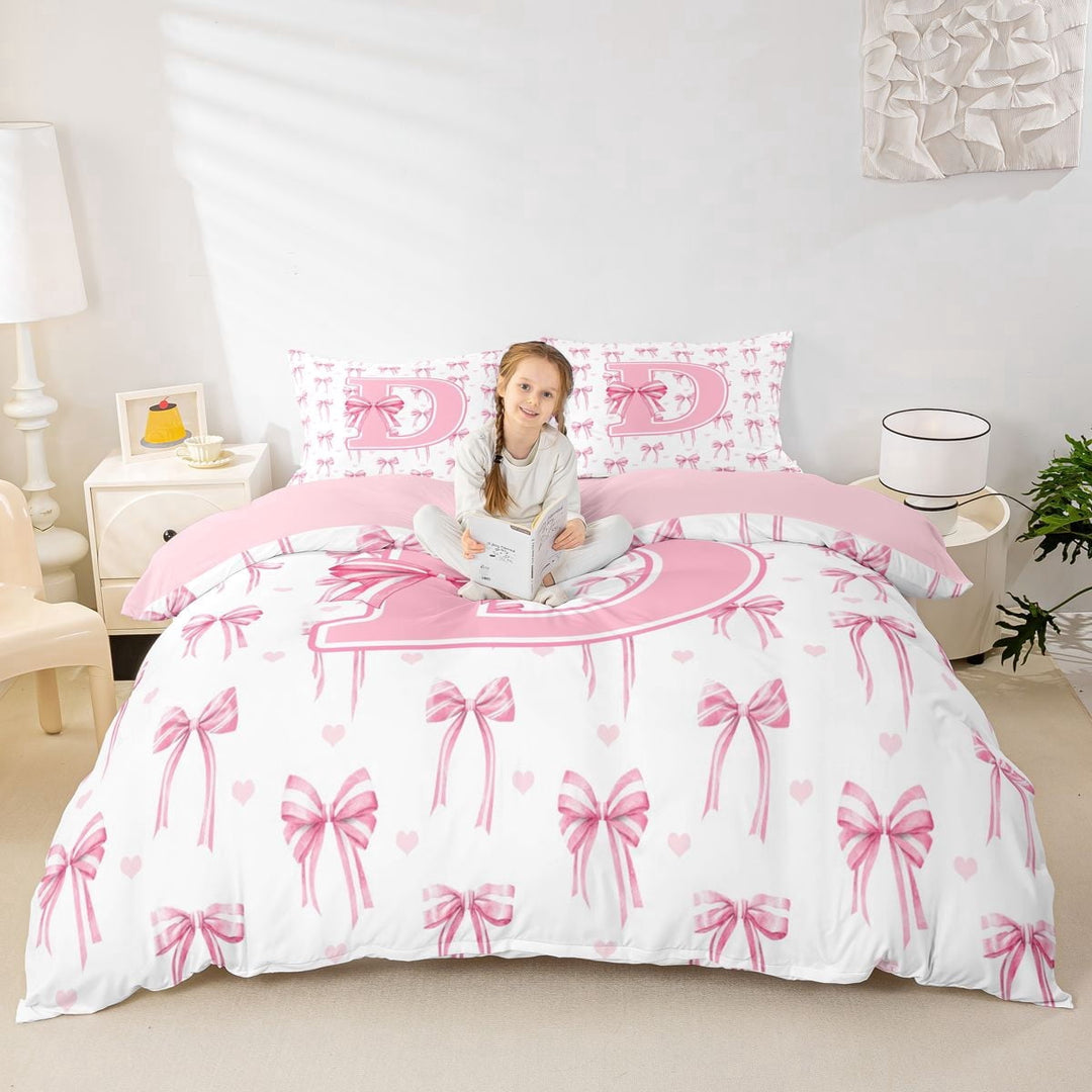 Erosebridal Girls D Personalized Initial Queen Duvet Cover Set,Teens Kawaii Pink Bowknot Bedding,Pink Reversible,3 Pieces,No Comforter