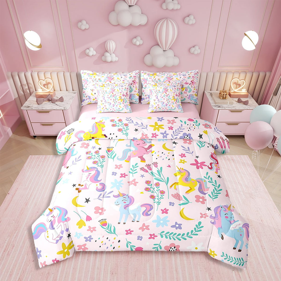 Erosebridal Cute Unicorn Bedding Sets Twin Size 7 Pieces, Botanical Flower Bed in a Bag, Reversible