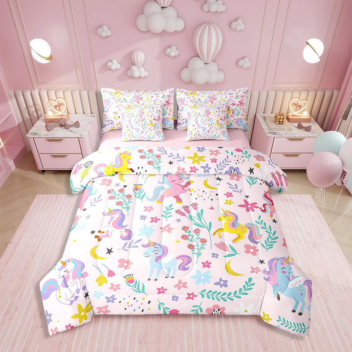 Erosebridal Cute Unicorn Bedding Sets Twin Size 7 Pieces, Botanical Flower Bed in a Bag, Reversible