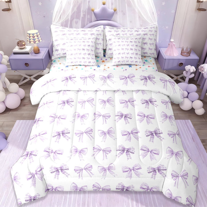 Erosebridal Ribbon Purple Bowknot 7-Piece Twin Bedding Sets For Girls,Cute Bows Kawaii Bowtie Bedding Comforter Set,Reversible